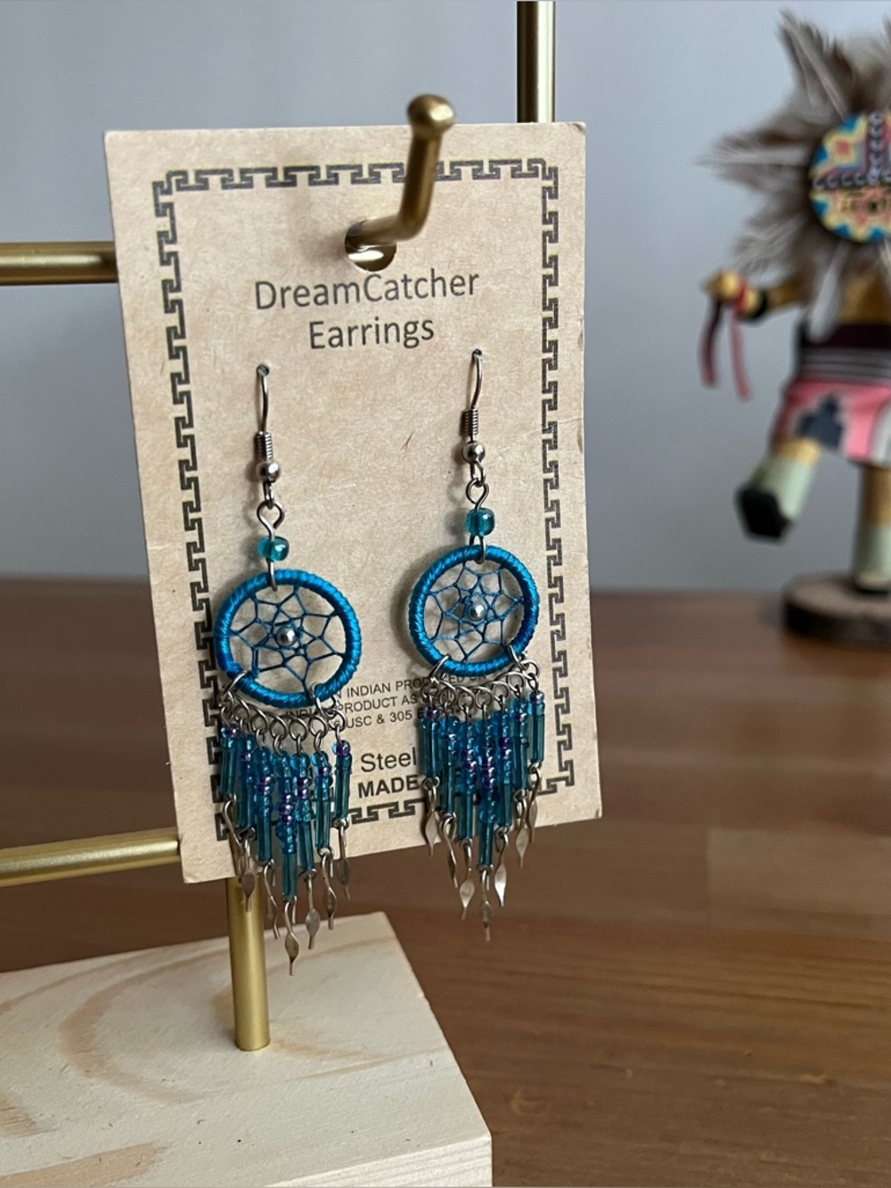 Dreamcatcher blue earrings surgical steel handmade Peru women's jewelry native